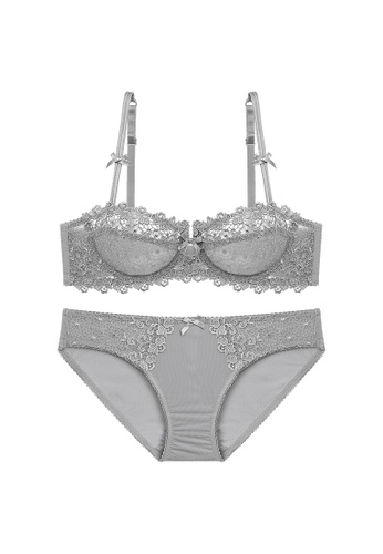 ZITIQUE grey Women's European Style Half-cup Ultra-thin See-through Lace-trimmed Comfy Nylon Lingerie Set (Bra And Underwear) - Grey 1AE69US7AE6D81GS_1