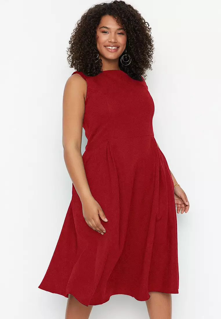 Claret Red A-Line Woven Pocket Detail Dress TBBSS22EL1598