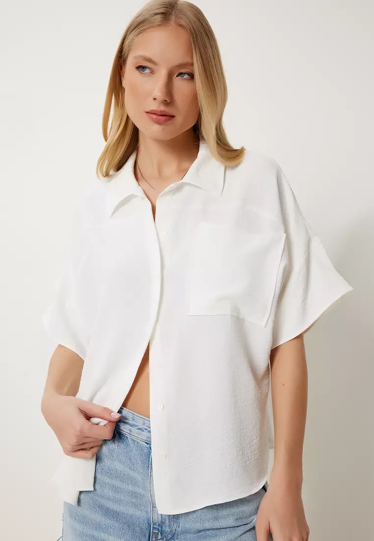 Women's Ecru Wrinkle Effect Pocket Woven Blouse Mx00193