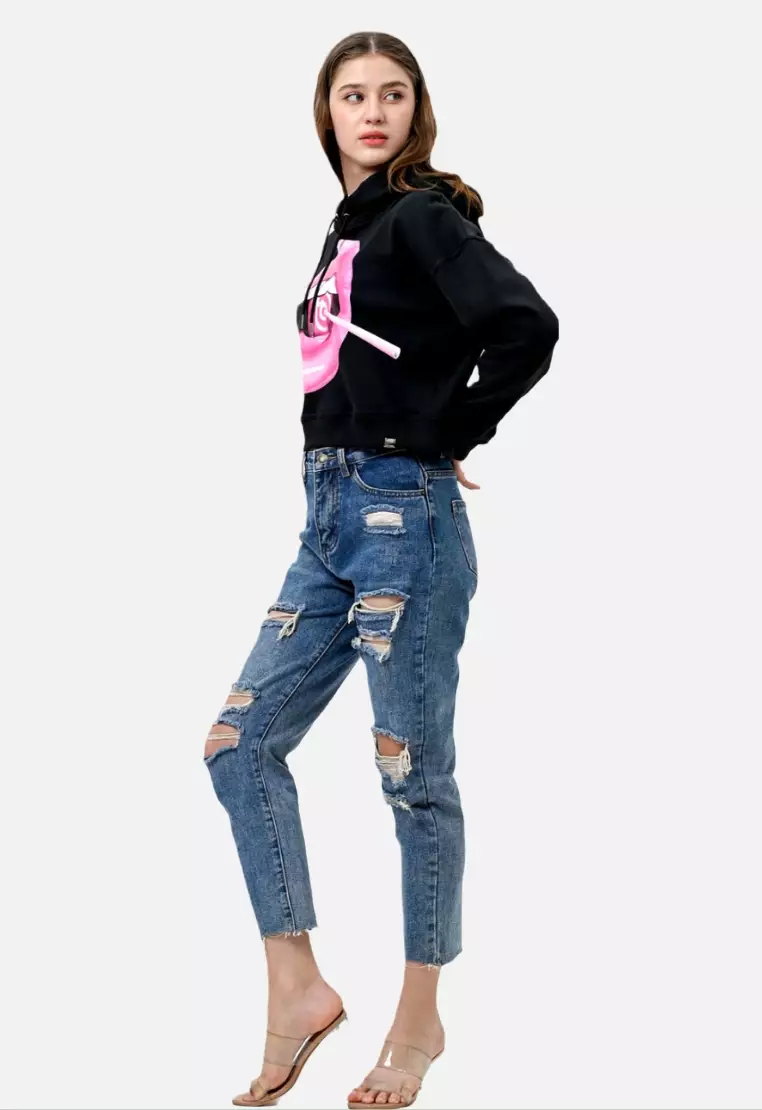 TONIQUE Hoodie Wanita Crop Katun Hitam LOLLY Women's Regular Fit Cotton Crop Hoodie Black