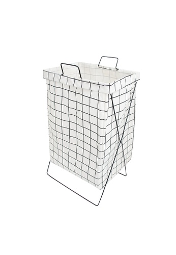 HOUZE white HOUZE - White Checkered Laundry Bag with Matt Gold Steel Frame A799BHL6C97E50GS_1