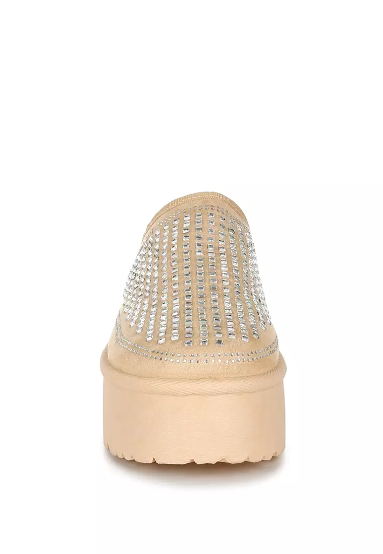 Beige Rhinestones Embellished Platform Classic Slip-On