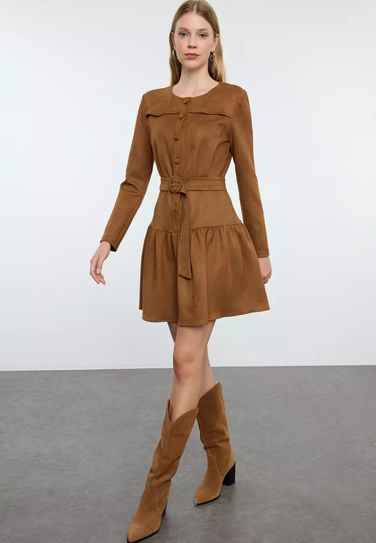 Tan Skater/Waist Open Pleated Skirt Suede Mini Woven Dress TWOAW25EL00252