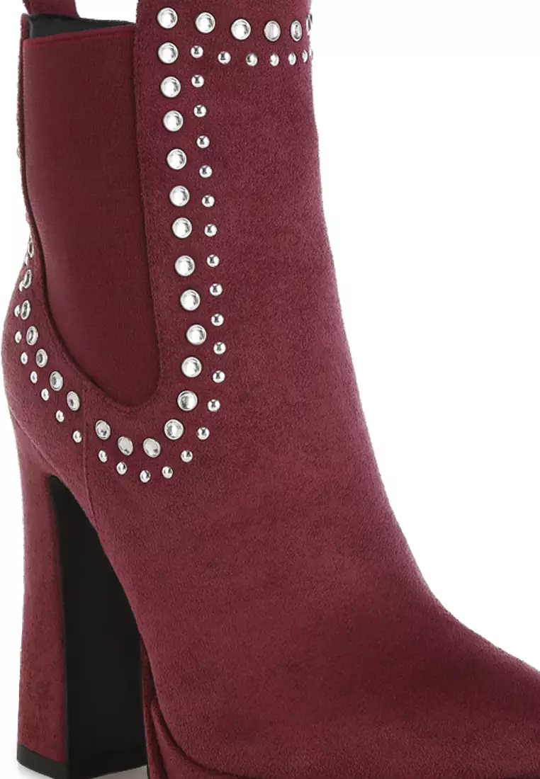 Studs Embellished High Ankle Boots in Burgundy