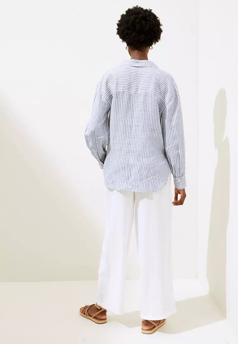 Pure Linen Striped Long Sleeve Blouse