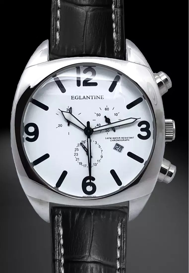 XXL Big Bubble Men's Chronograph Stainless Steel Quartz Watch, 47x45mm, White Dial, Black Leather Strap