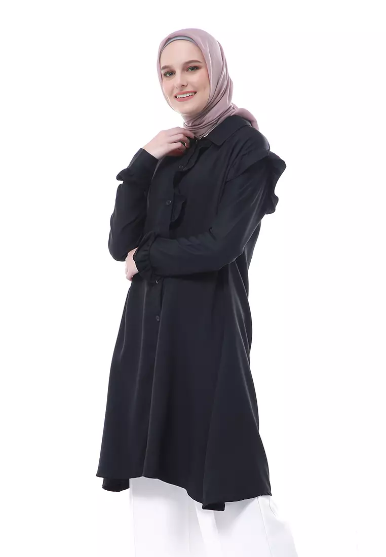 Zemira Tunik Atasan Wanita Motif Polos Long Sleeve - Hitam