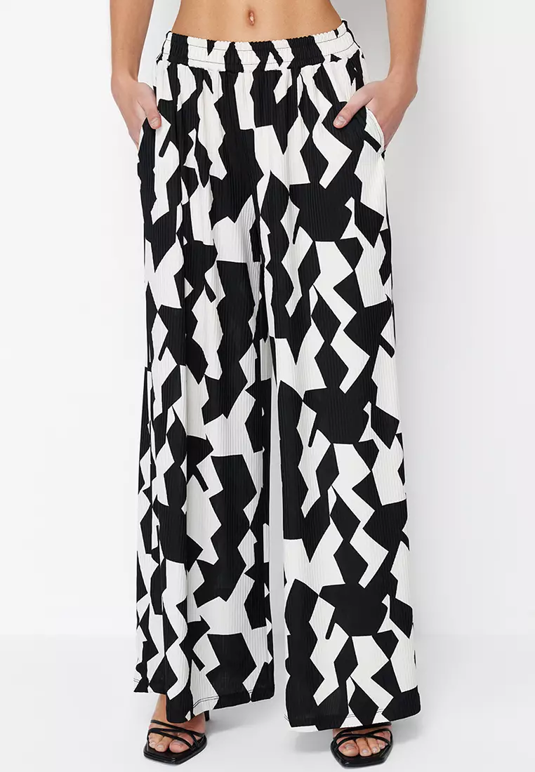 Exquisite Satin Geometric Print Elastic Wide-leg Pants