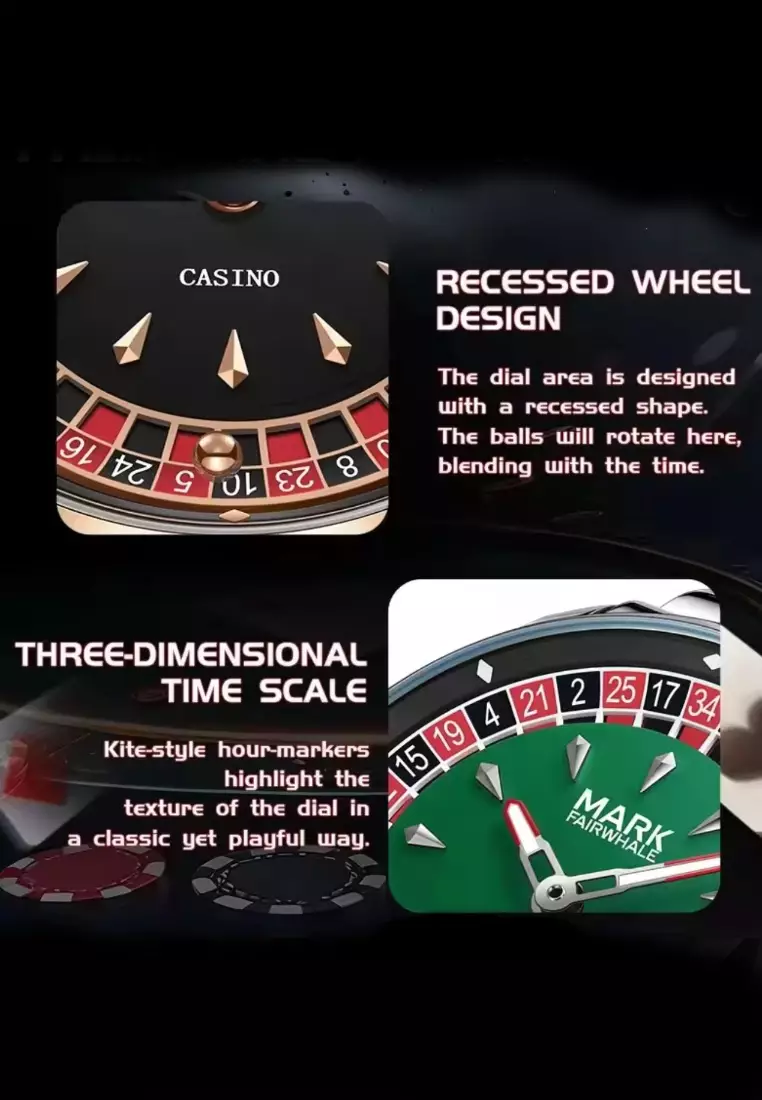 男女通用赌场石英表，43毫米，轮盘旋转表盘，不锈钢表带 - 玫瑰金, 黑色, 红色