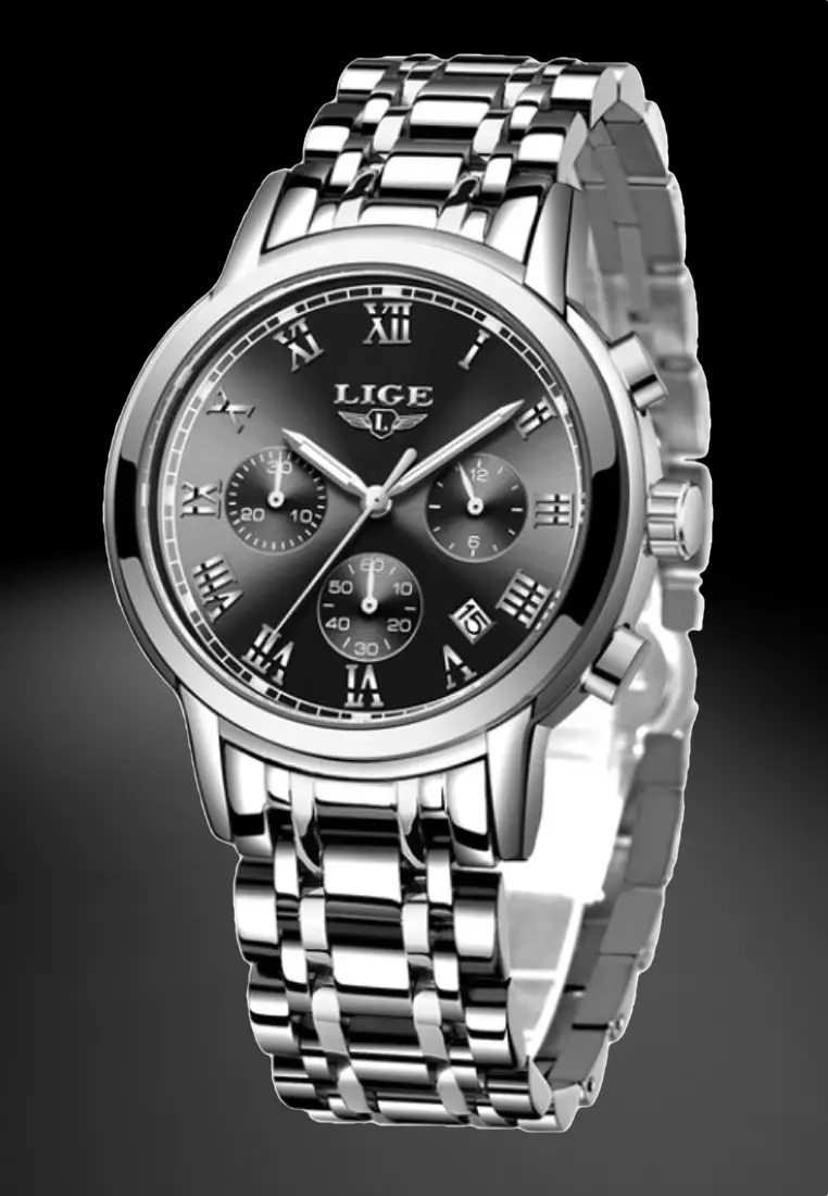 Chronograph Unisex Stainless Steel Quartz Watch, Black dial on Steel Bracelet