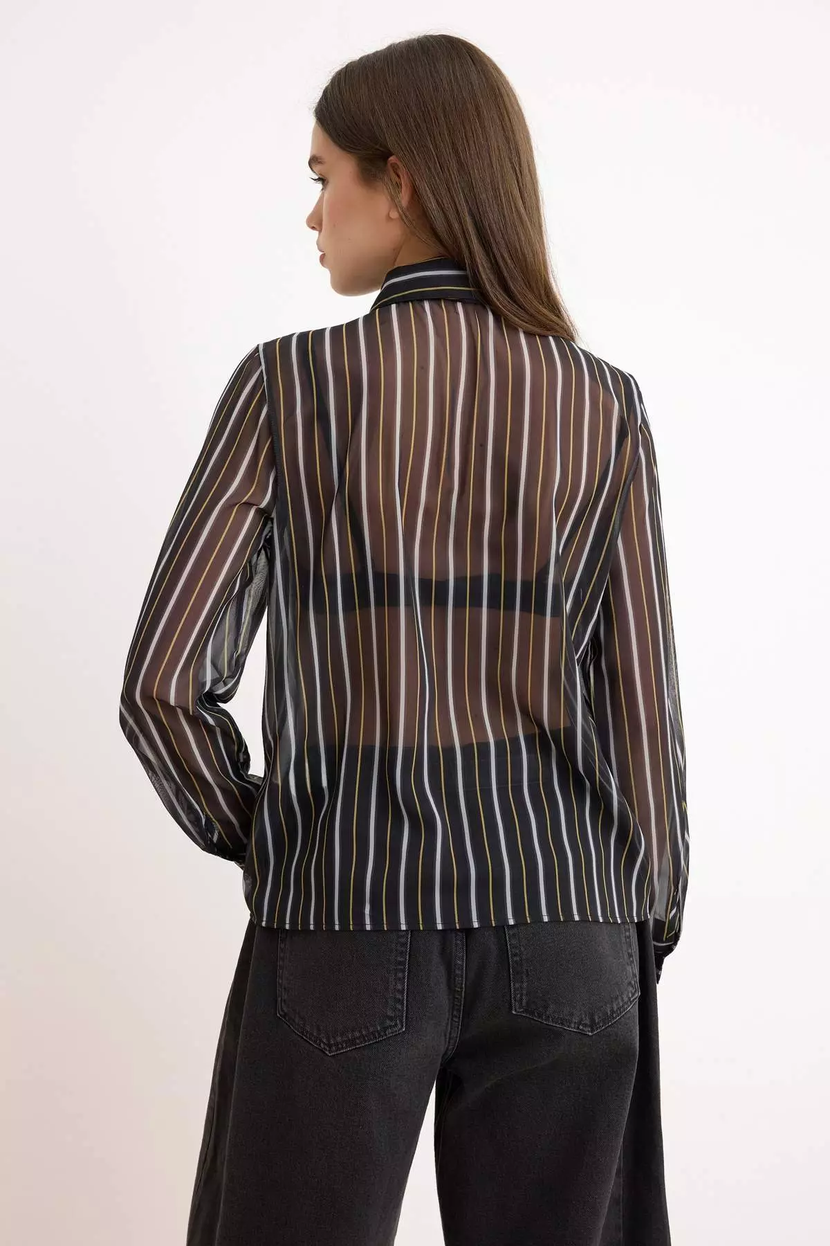 Multi-Colored Striped Tie Unlined Chiffon Shirt Twoss26Go18