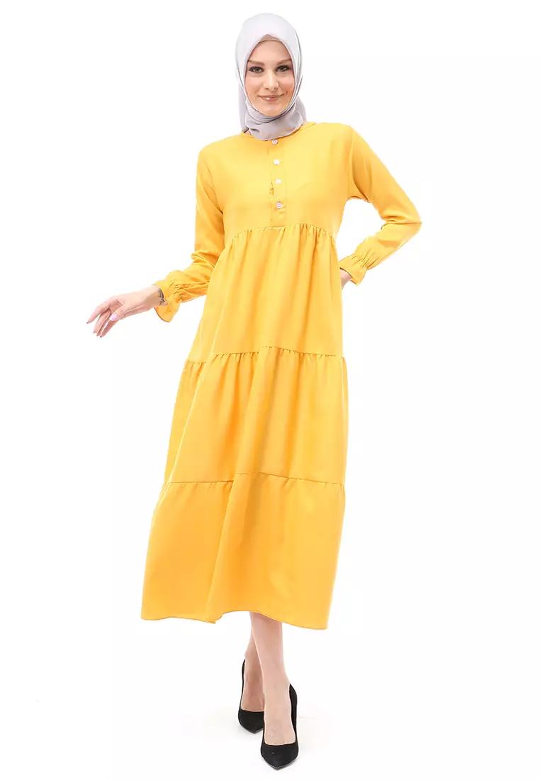 Alvia Gamis Rempel Panjang Wanita Motif Polos Long Sleeve Regular Fit - Mustard