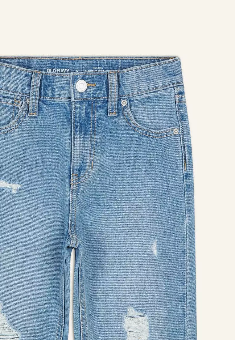 High-Waisted Slouchy Straight Ripped Jeans For Girls