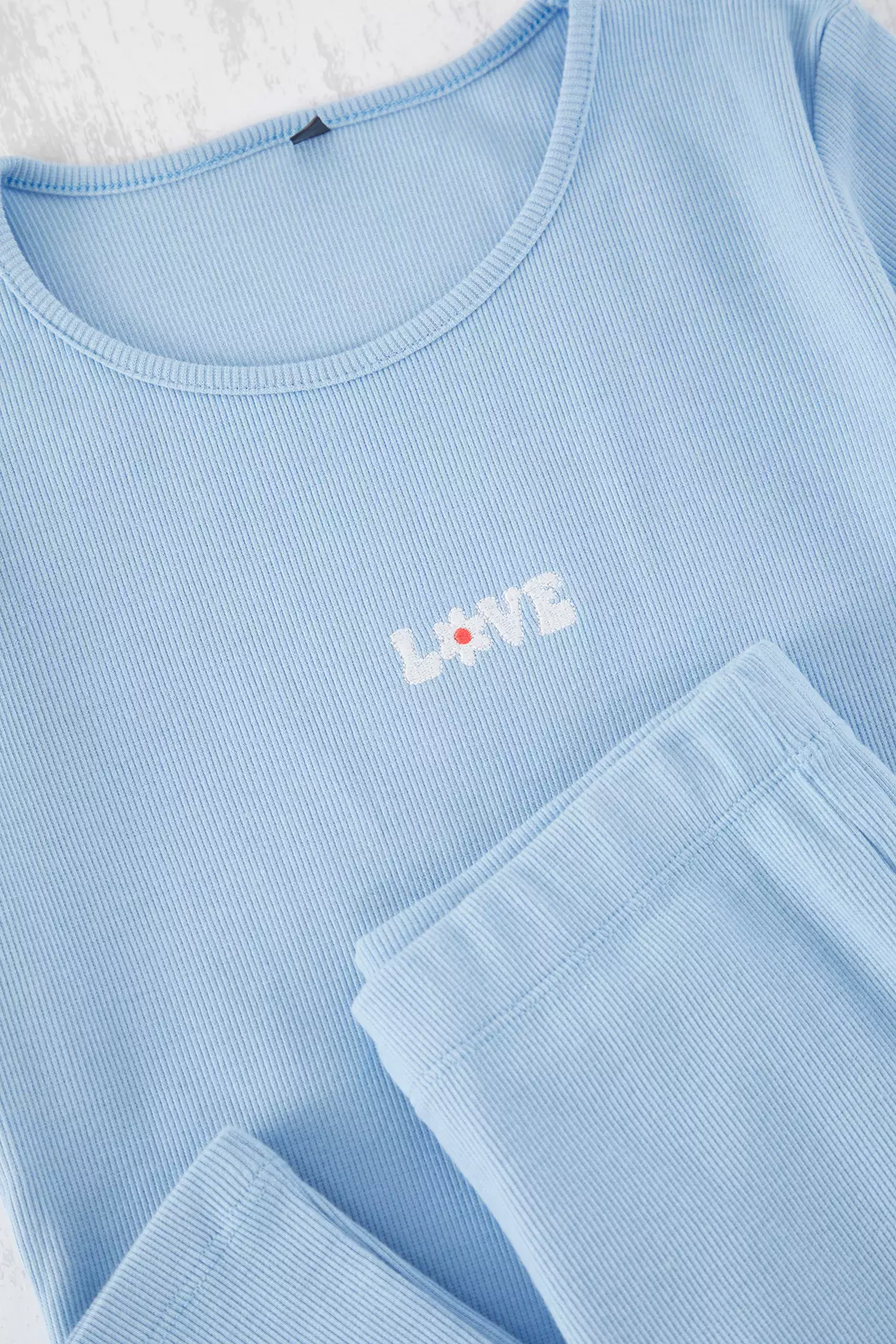 Girls' Cotton Light Blue Embroidered T-Shirt And Leggings Set - Tkdss25Au00020