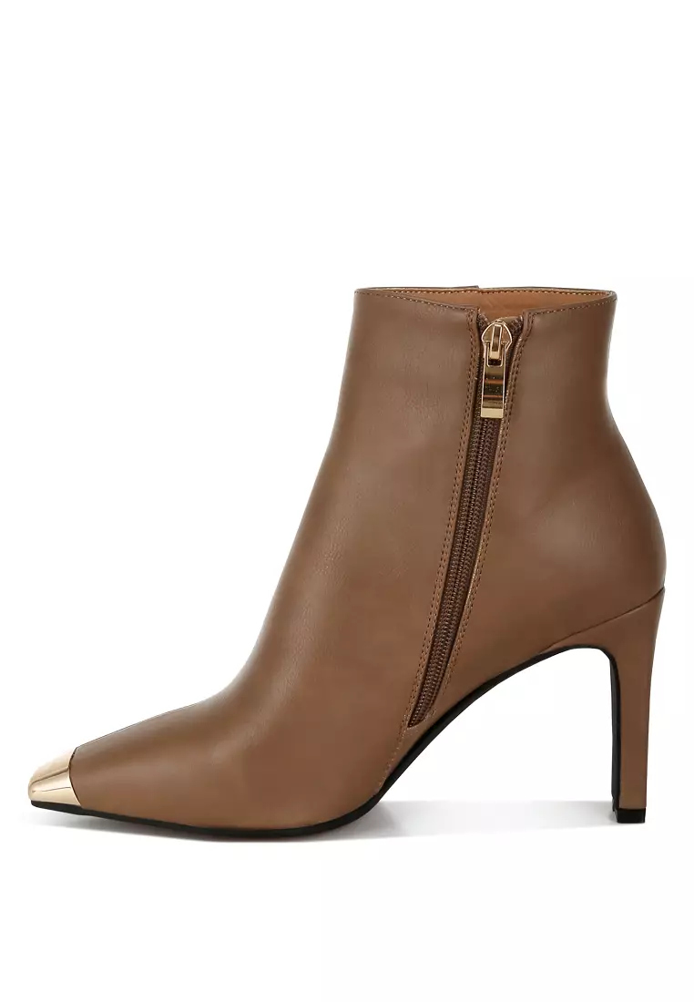 Metallic Cap Toe Faux Leather Boots in Brown