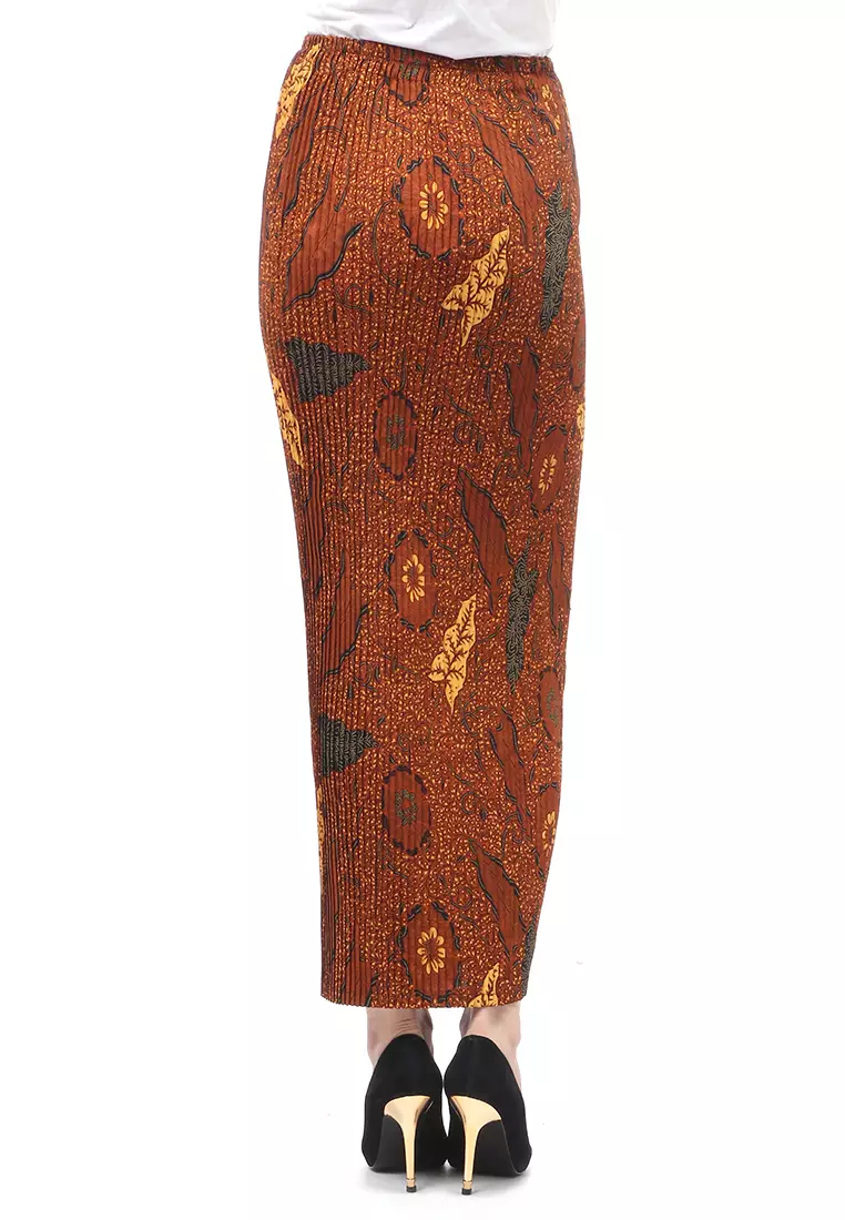 Rok Plisket Motif Batik Bawahan Wanita Design Casual - Daun