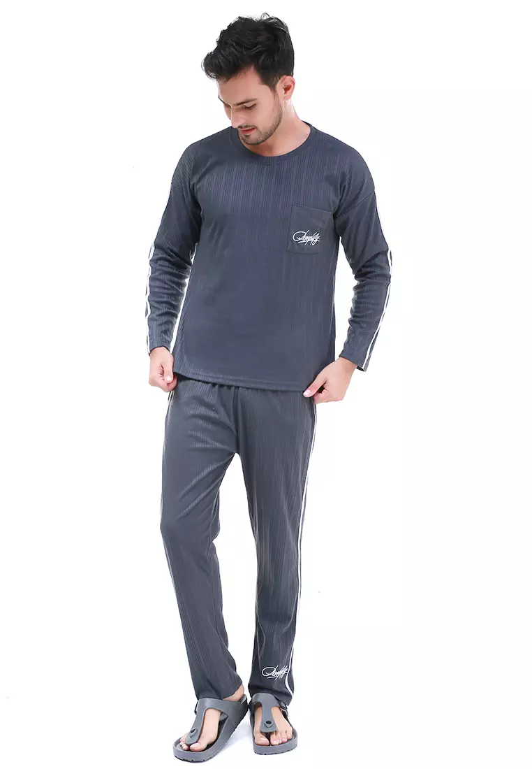Klicin Setelan Baju Tidur Piyama Pria Amplify One Set Sleepwear Pajamas Material Fabric ORIGINAL - Black