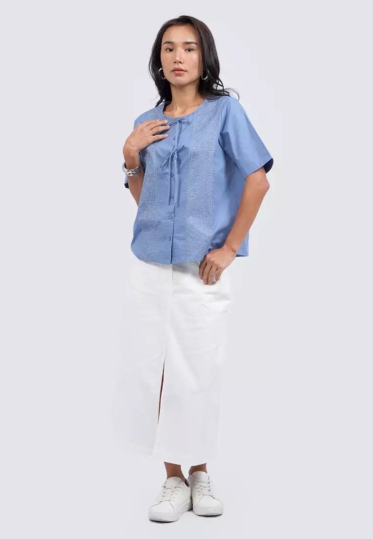 Tied Front Short Sleeve Blouse LT. BLUE