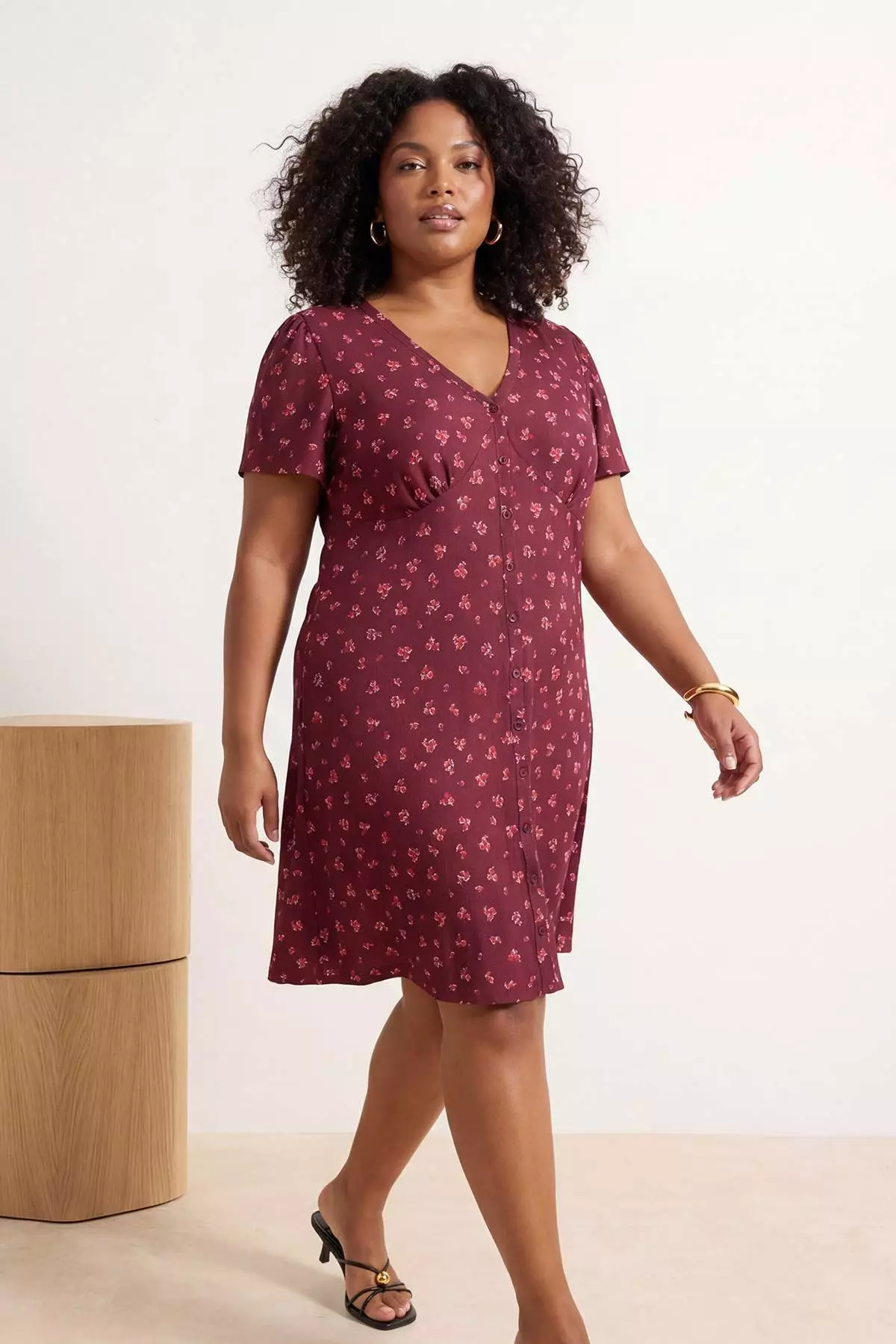 Burgundy Floral Printed Wrinkled V-Neck Knitted Plus Size Dress Tbbss26Ah00178