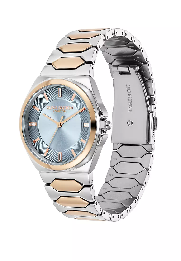 Olivia Burton Chalk Blue Sunray Dial with CD Textured Outer Ring TT SS/RG Honeycomb Link Bracelet 34mm - 24000204