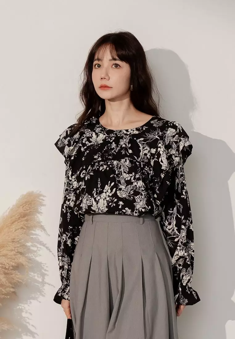 Buy OBSTYLE Romantic Ruffle-Trimmed Long-Sleeve Top with Front Gather ...