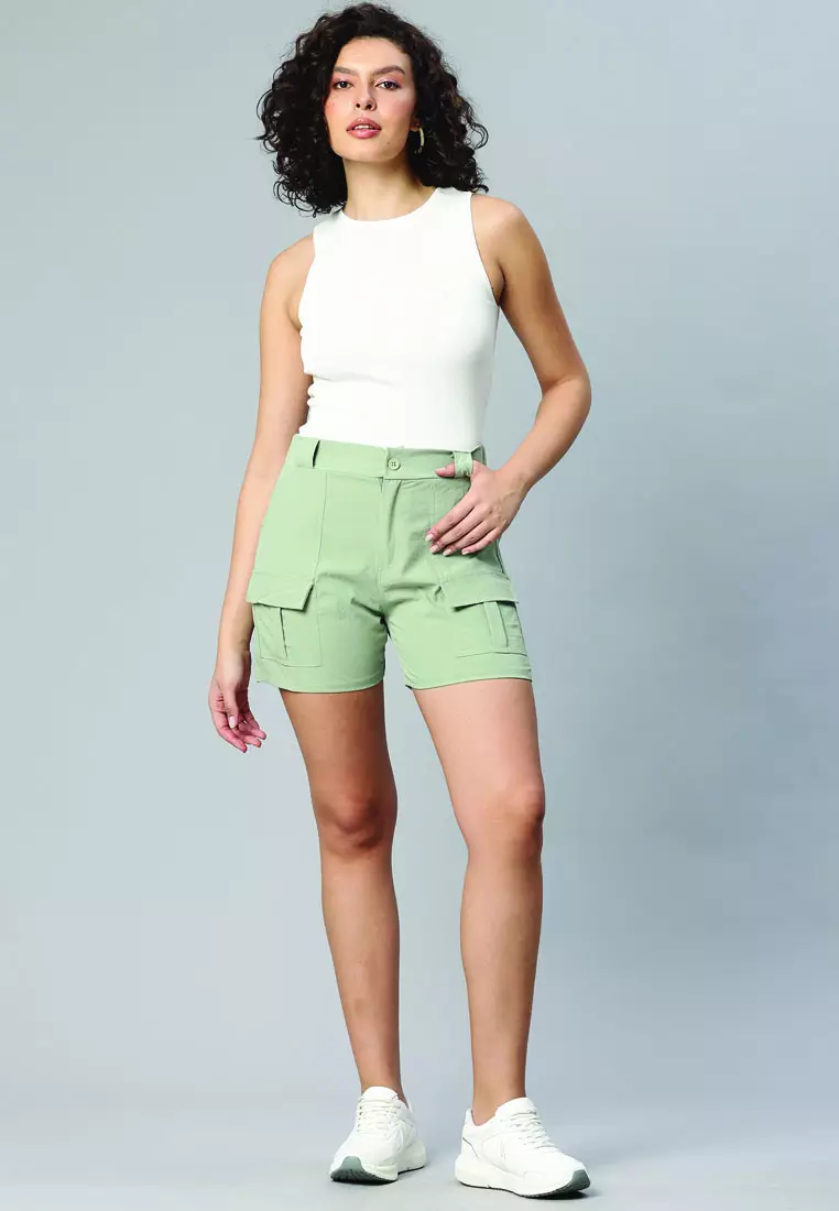 Light Green Belt Loop Solid Cargo Shorts