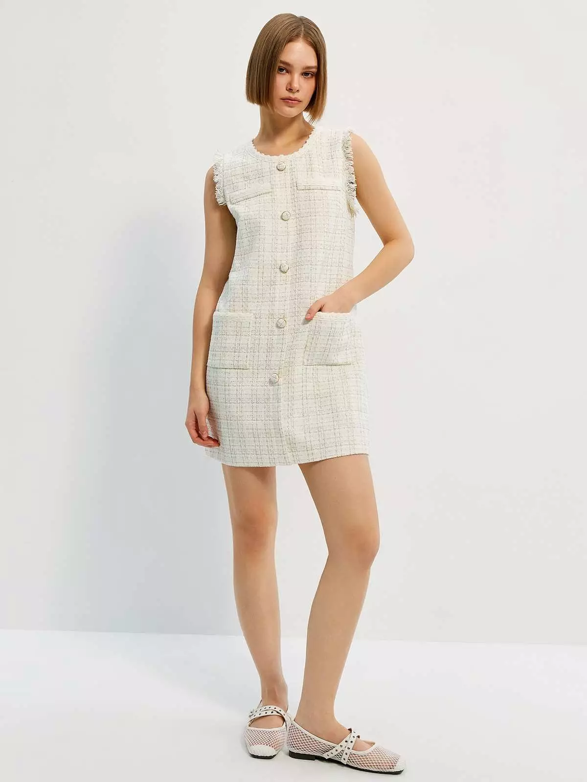 Tweed Sleeveless Button Mini Dress - Cream