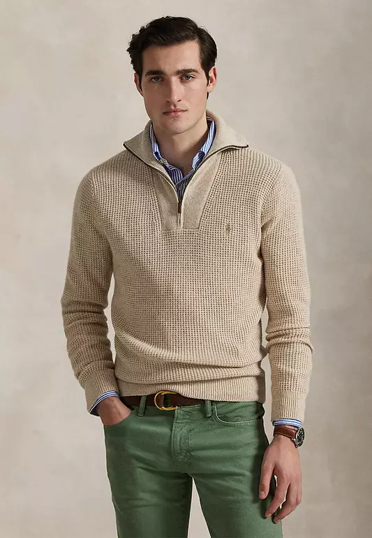 Waffle Wool-Cotton Quarter-Zip Sweater