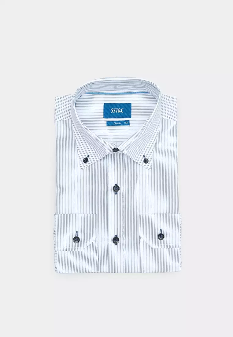Navy Blue Striped Classic Fit Shirt