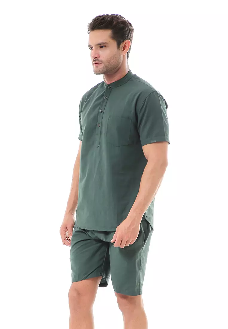 Vincent Kurta Set Pendek Motif Polos Setelan Pria Short Sleeve Material Cotton ORIGINAL - Green