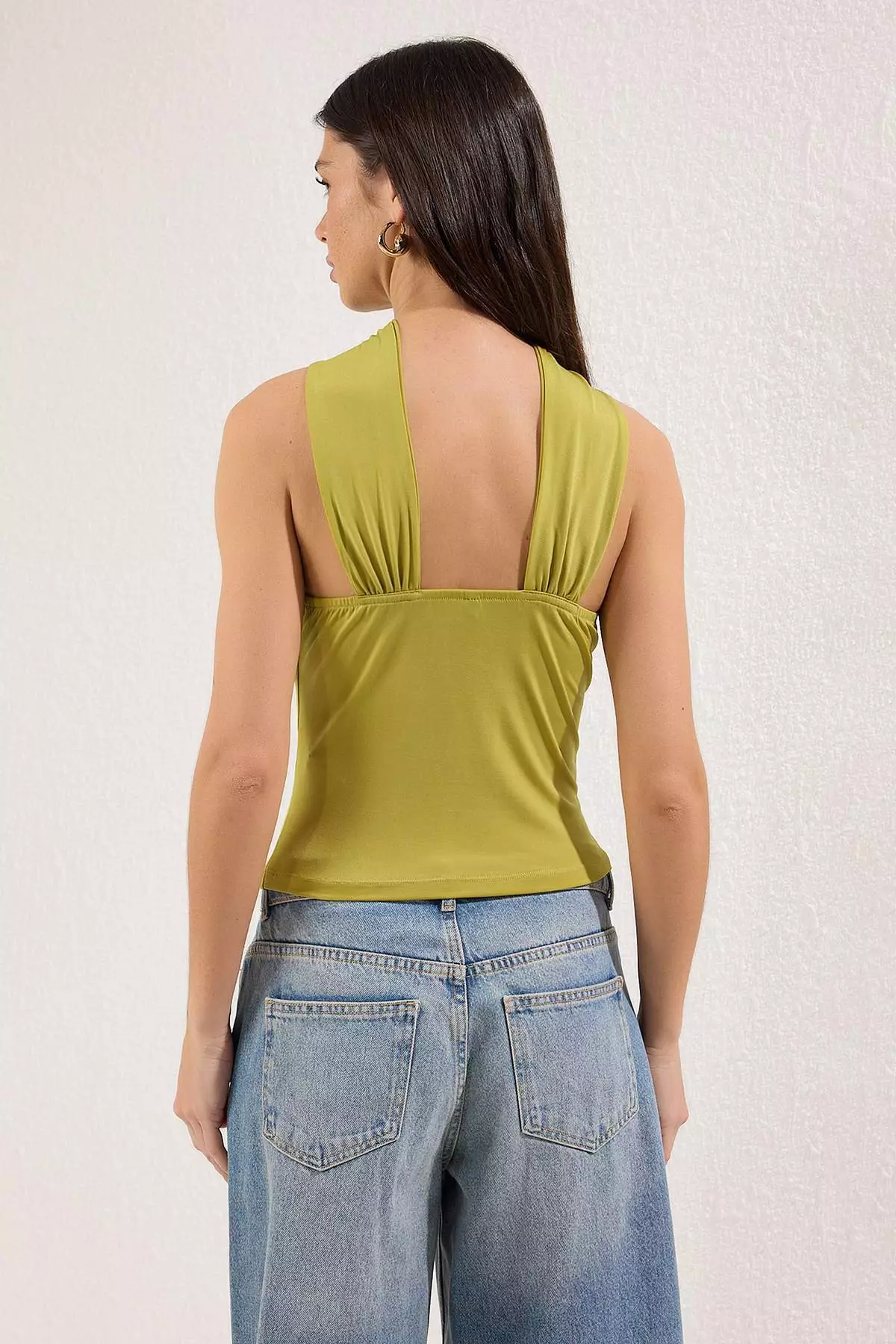 Oil Green Accessory Detailed Gathered Stretchy Knitted Blouse