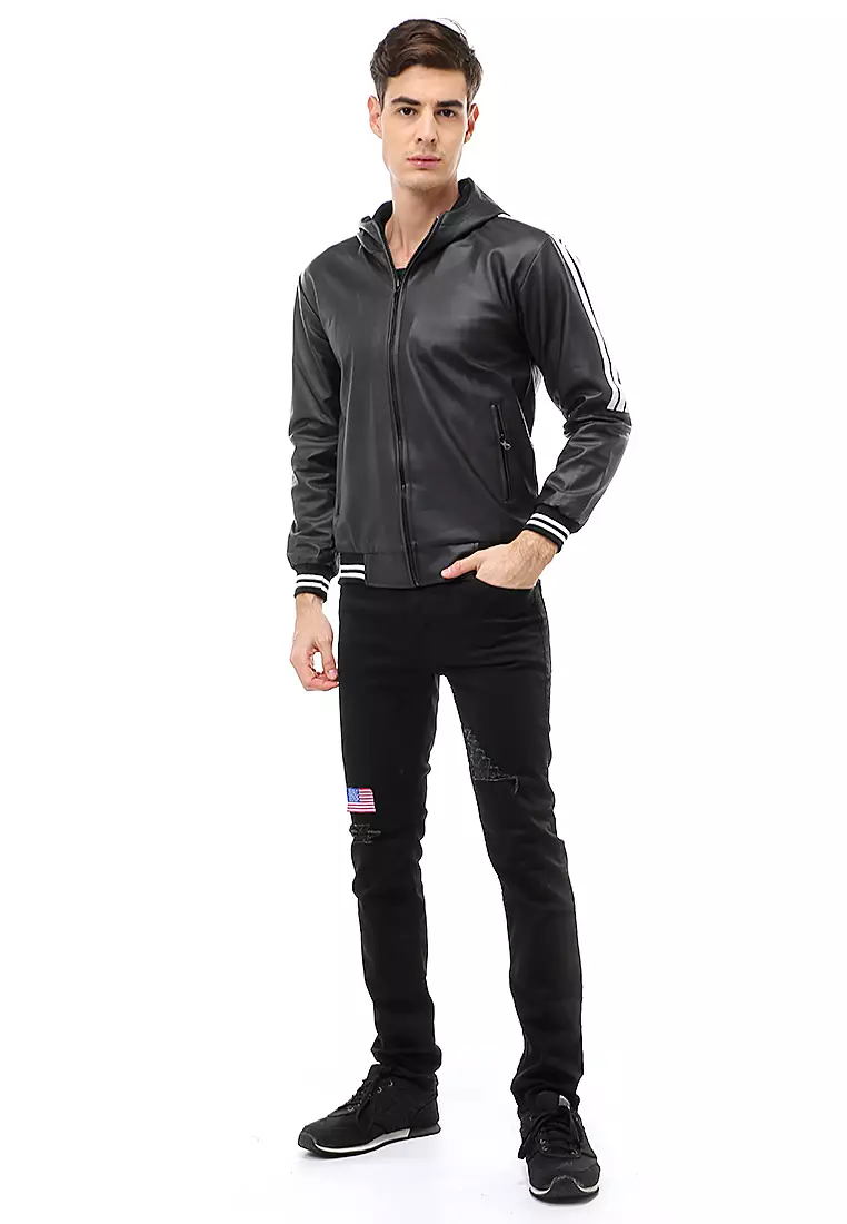 Halbert Outerwear Jaket Kulit Hoodie Pria Model List Material Leather ORIGINAL - Black