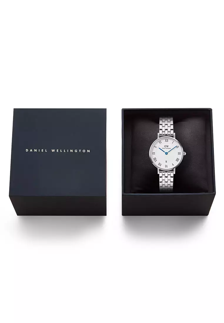 Petite 28mm Roman Numerals Date 5-Link White Silver Women Watch stainless steel watch DW Official Authentic Original