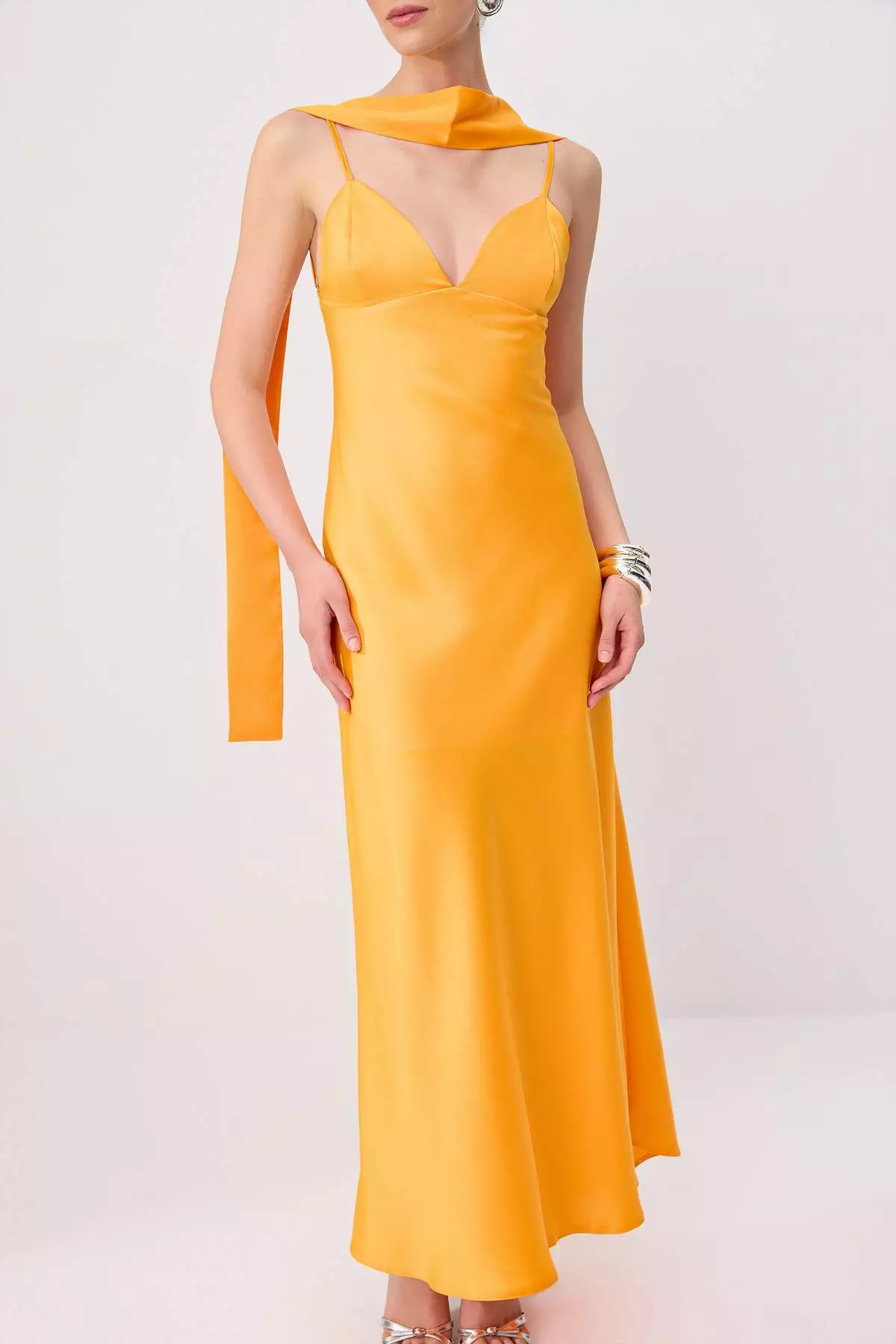 Orange Plain Scarf Woven Satin Maxi Lined Stylish/Evening Dress
