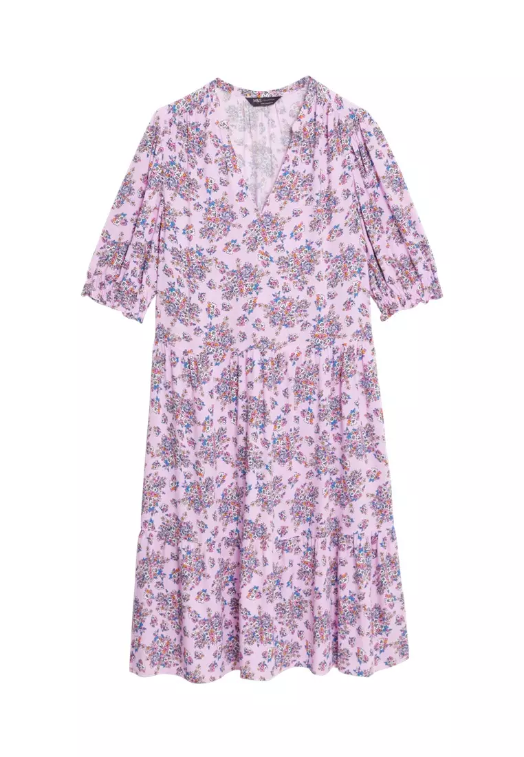 Printed V-Neck Knee Length Tiered Dress