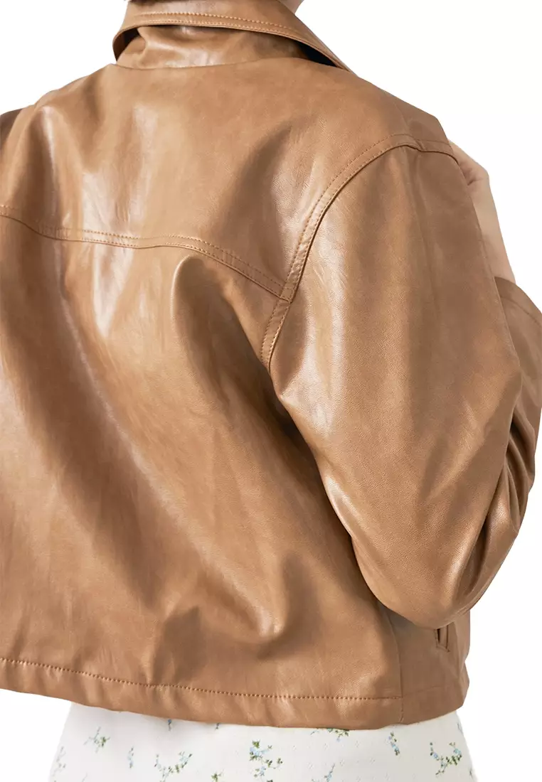 Oiled Leather Wide Collar Zip-Up Jacket
