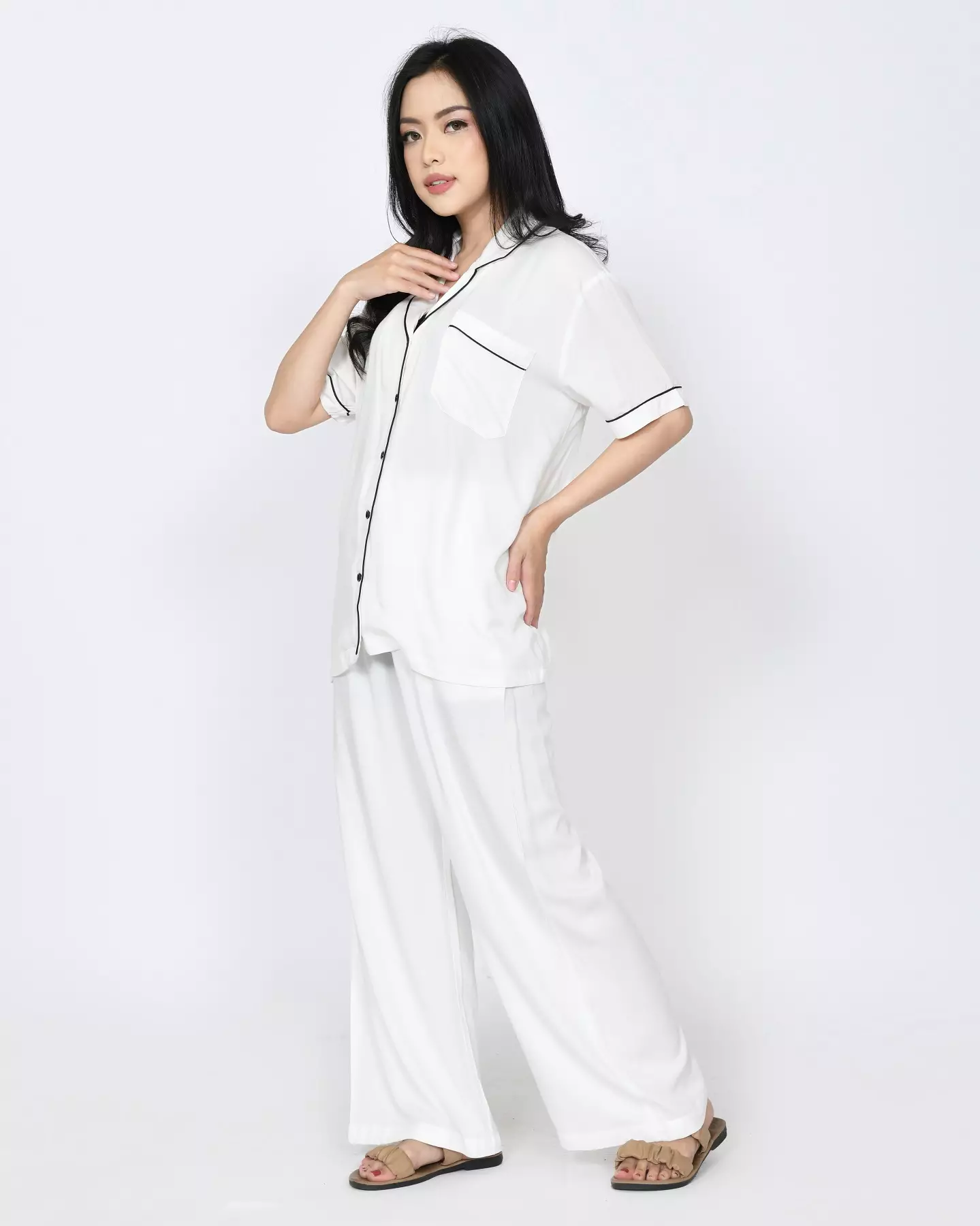 S/S COUPLE PIYAMA COTTON TENCEL Setelan Baju Tidur Pria Wanita PUTIH