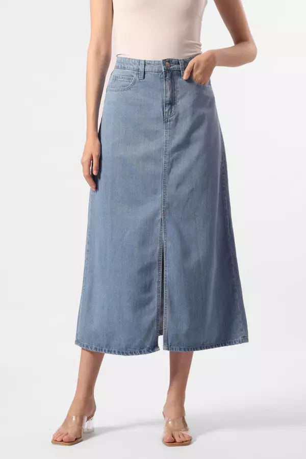 MINIMAL - Lionel - Denim Skirt With Slit - Light Blue Colour Blue_Light
