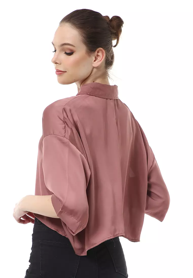 Brielle Atasan Wanita Kemeja Oversize Plain Motive Lengan Pendek Material Satin ORIGiNAL - Mauve