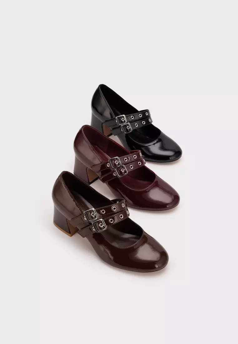 PATENT DOUBLE BUCKLE MARY JANE BLOCK HEEL PUMPS 饰扣圆頭粗跟鞋