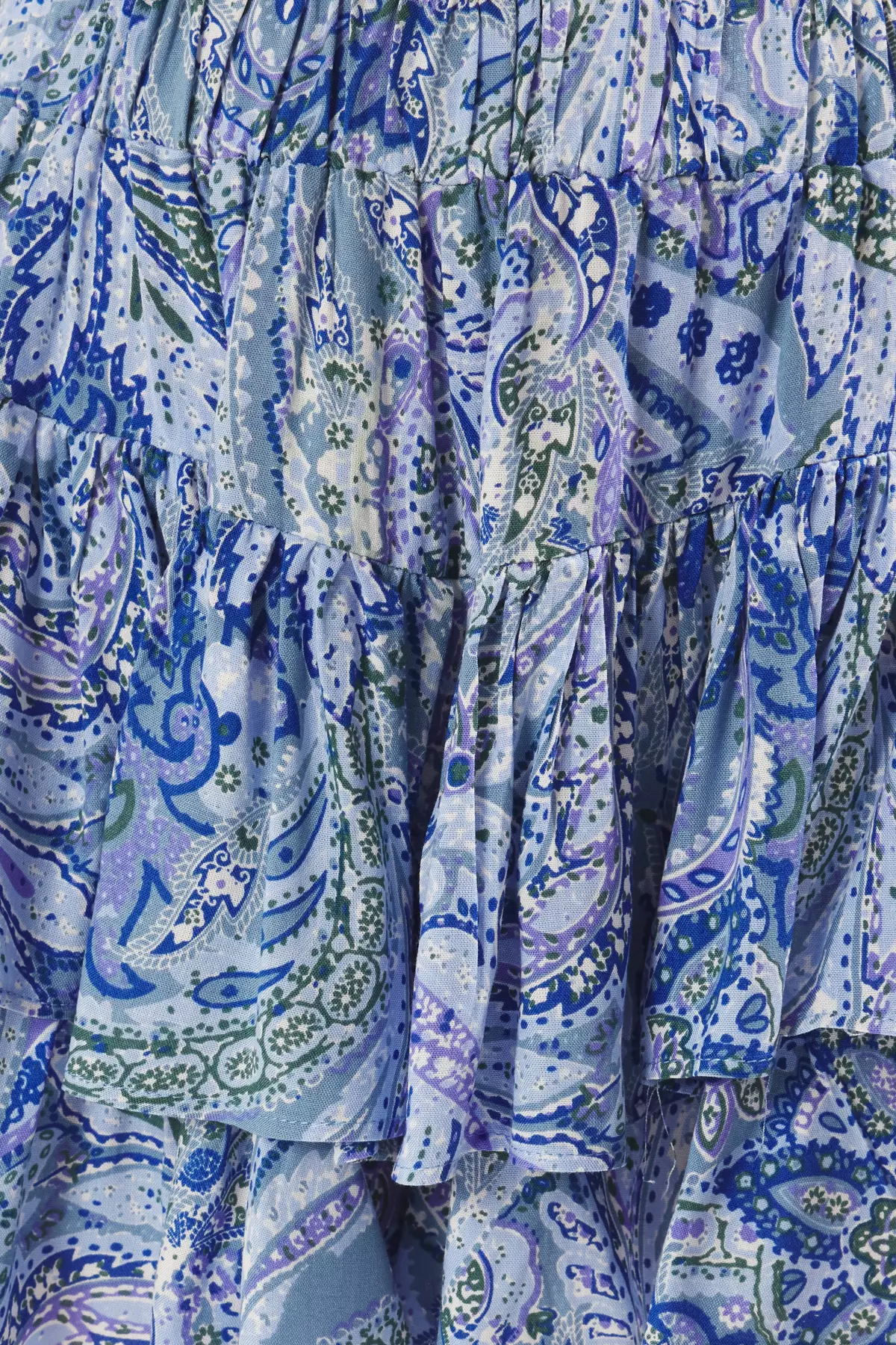 Blue Shawl Pattern Ruffle Waist Elastic Detail Woven Shorts