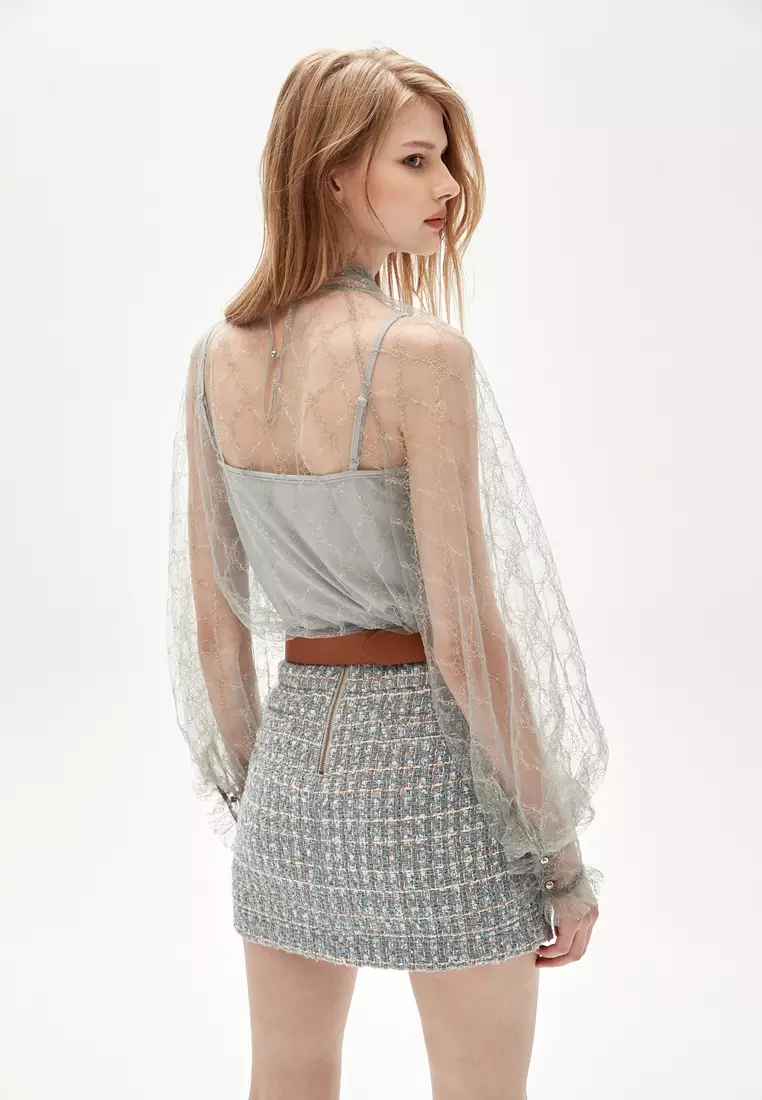 Grey Ribbon Bow Collar Lace Top