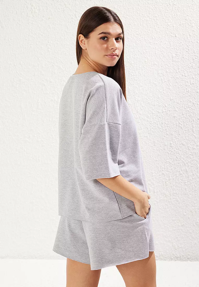 Gray Melange Oversize/Wide Pattern Thin Flexible Shorts T-Shirt Knitted Top Bottom Set