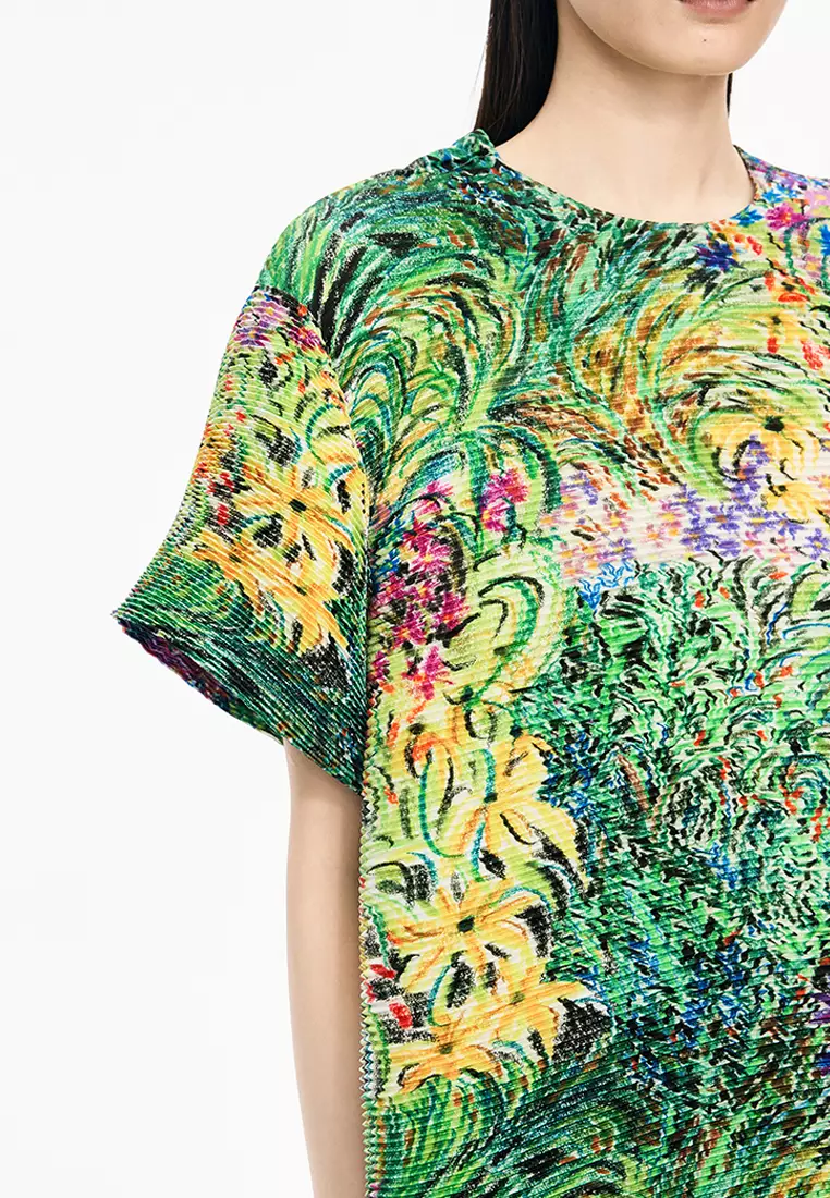 混纺图案元素A型压褶短袖连衣裙