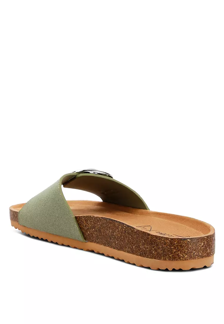 Green Buckle Strap Slip-On Sandals