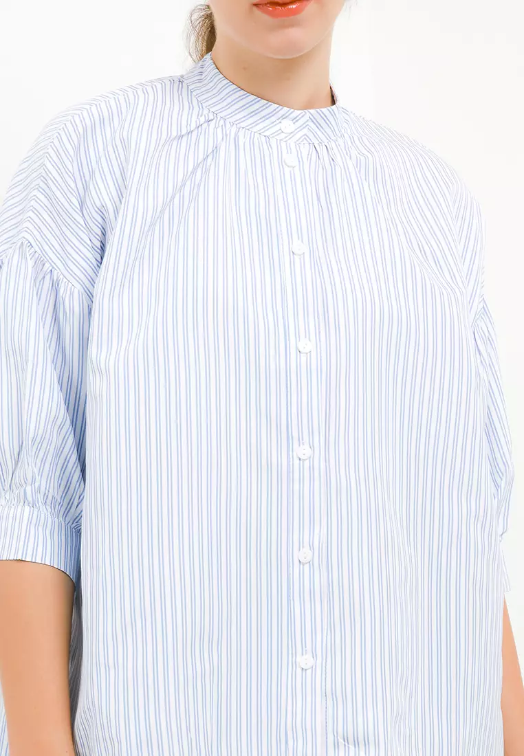 High Collar Hi Lo Stripes Shirt
