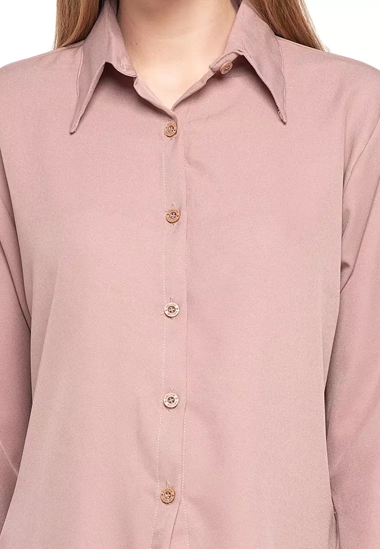 Oriel Kemeja Atasan Lengan Panjang Shirt Wanita Design Basic Polos Regular Fit - Wood
