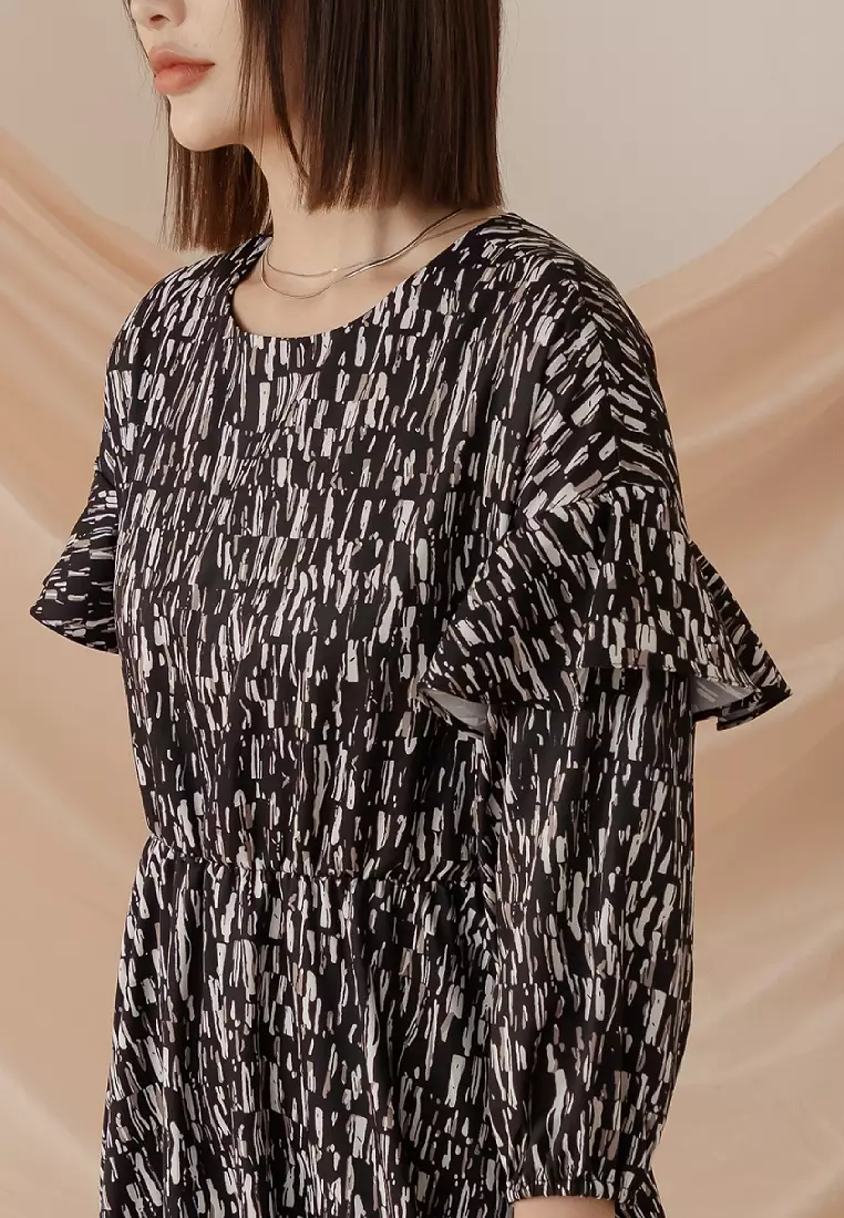 Printed Ruffle Sleeve Maxi Dress [DA9962]