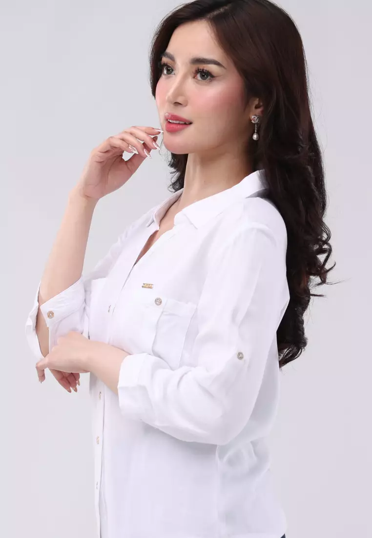 Bold Twill 3/4 Sleeves Collared Blouse