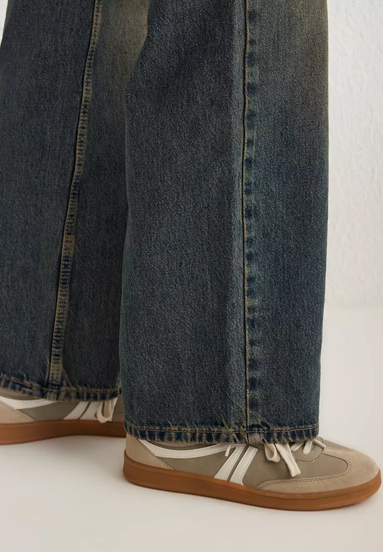 Dark Blue Vintage Wash Effect Low Waist Wide Leg Jeans